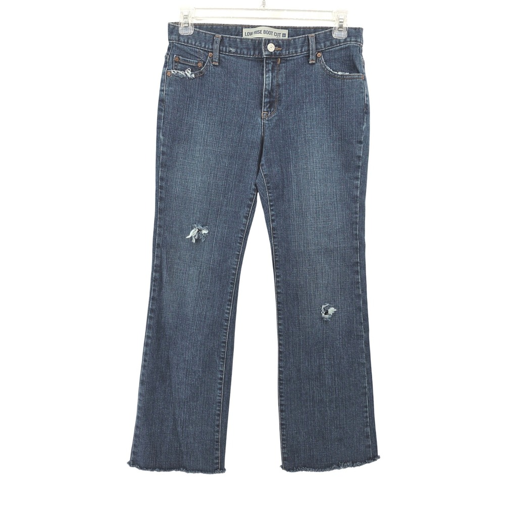 Gap Low Rise Boot Cut Stretch Jeans Medium Wash Distressed Raw Hem Women 10R Y2K